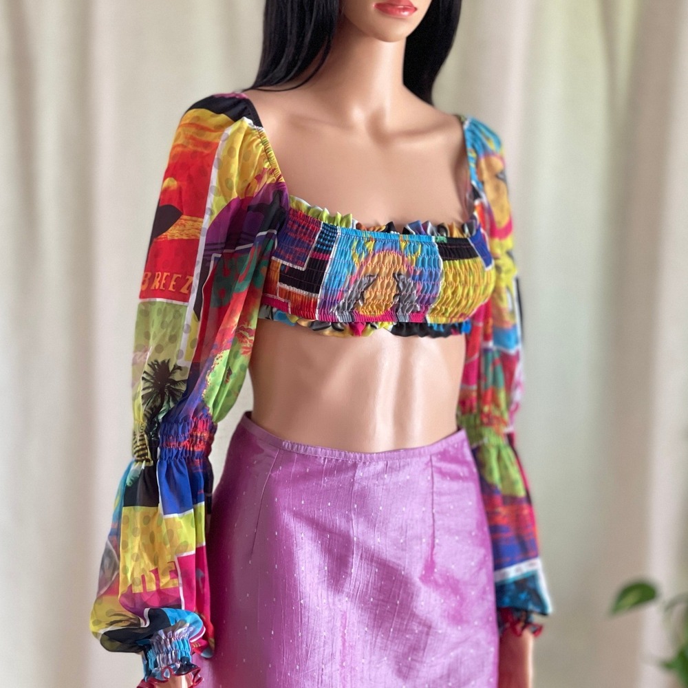NWT Jaded London Surf Poster Puff Sleeve Organza Smocked Crop Top Multi Color S